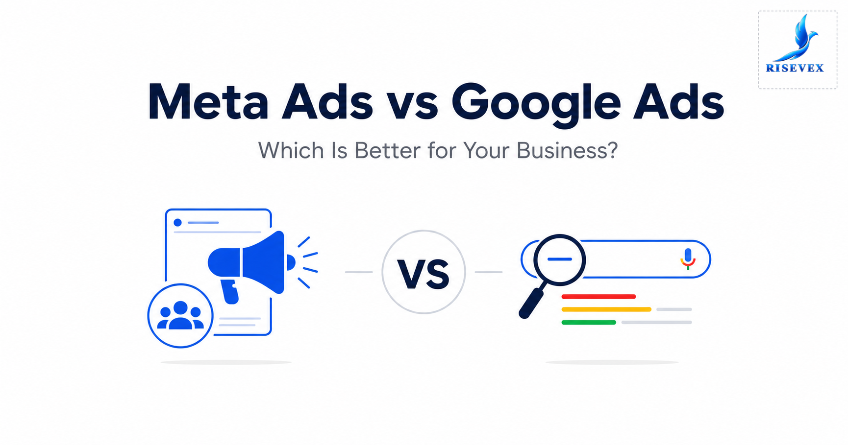 Side-by-side comparison chart of Meta Ads vs Google Ads showing cost, targeting, and funnel stage
